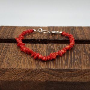 8 Inch 925 Sterling Silver Beautiful Red Shell Chips Bracelet